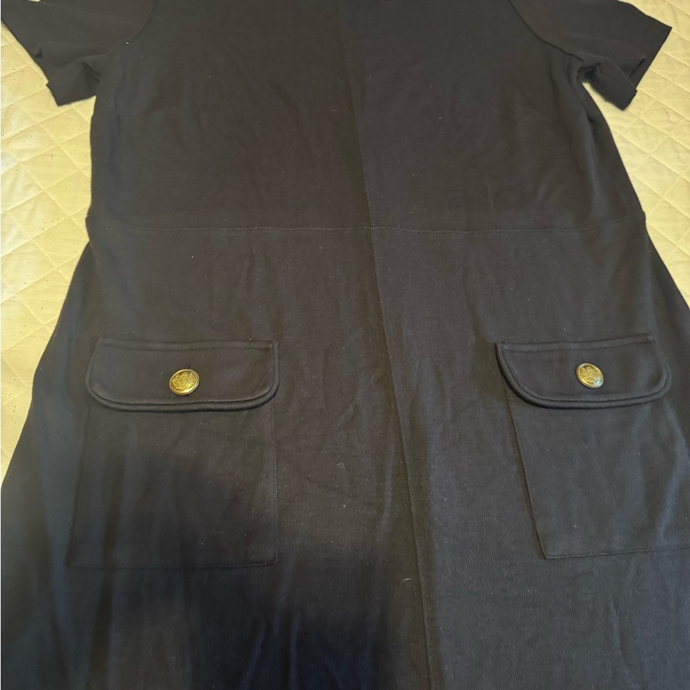LOFT Black Short-Sleeve Mini Dress with Front Flap Pockets - Picture 3 of 9